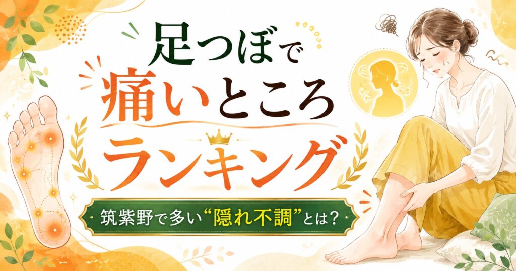 足つぼで痛いところランキングと、筑紫野で多い隠れ不調を紹介するアイキャッチ画像。むくみや足の重だるさに悩む女性と足裏の反射区イラストを配置し、不調のサインをやさしく伝えるデザイン。
