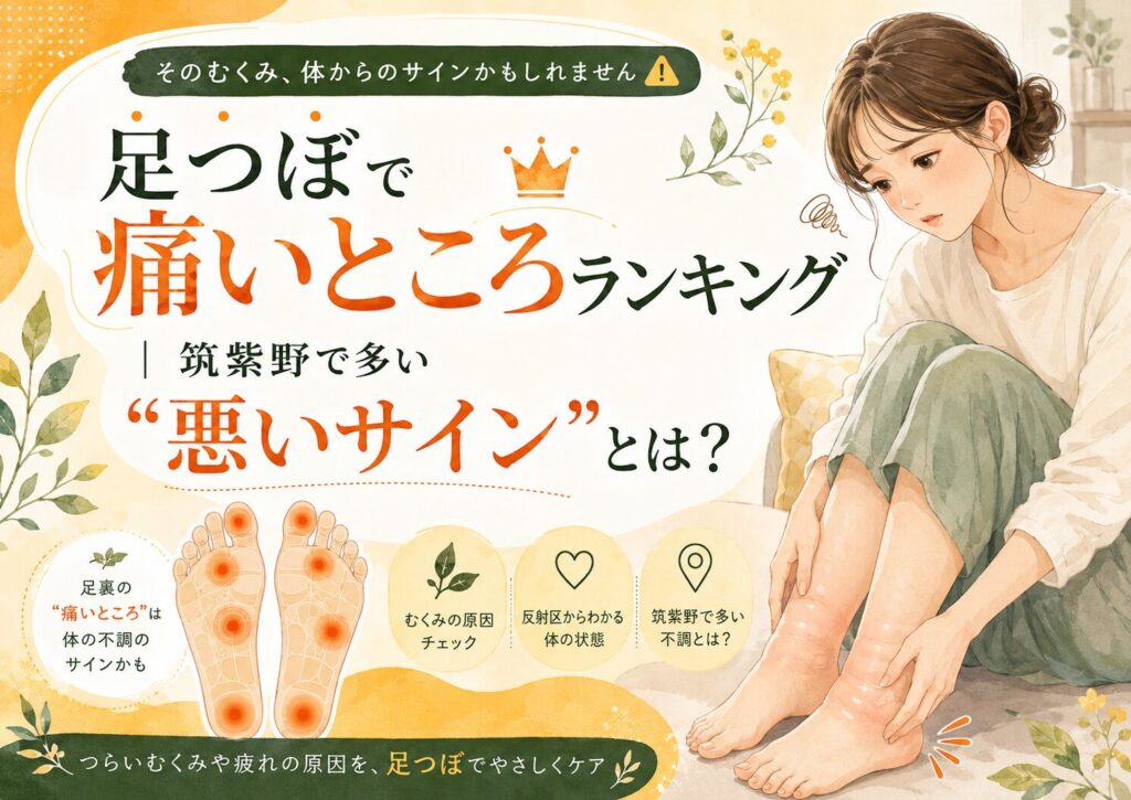 足つぼで痛いところと悪いサインを解説する筑紫野の健楽足つぼの記事アイキャッチ画像。むくみや足の不調に悩む女性と足裏の反射区をやさしいイラストで表現。