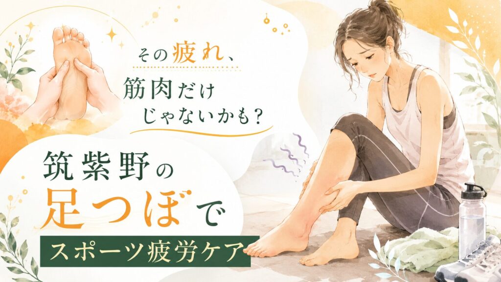筑紫野で足つぼによるスポーツ疲労ケアを伝えるアイキャッチ画像。運動後の足の疲れやむくみに悩む女性が足を触っているイラスト。