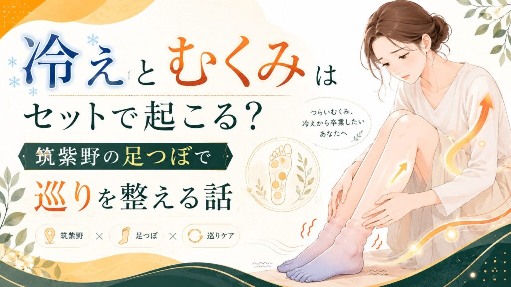 冷えとむくみに悩む女性が足をさすりながら、筑紫野の足つぼで巡りを整えるイメージ画像