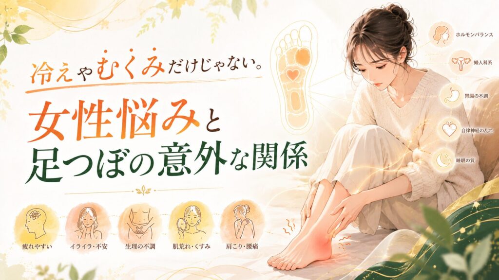 筑紫野の足つぼサロンが解説する、冷えやむくみだけでなく女性悩みと足つぼの意外な関係を表したアイキャッチ画像