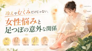 筑紫野の足つぼサロンが解説する、冷えやむくみだけでなく女性悩みと足つぼの意外な関係を表したアイキャッチ画像