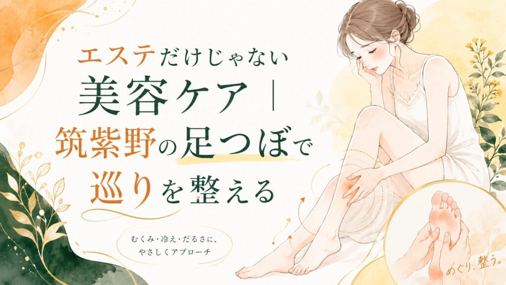 筑紫野の足つぼで巡りを整える美容ケアを表現したアイキャッチ画像。むくみや冷え、だるさに悩む女性へ、足つぼによる美容効果をやさしく伝えるイラスト。