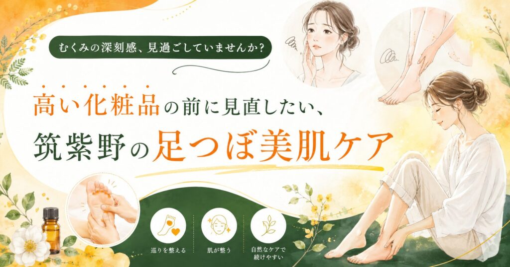 高い化粧品の前に見直したい筑紫野の足つぼ美肌ケアを紹介するアイキャッチ画像。むくみの深刻感や巡りの乱れに悩む女性と、足つぼによる美肌効果をやさしいイラストで表現。