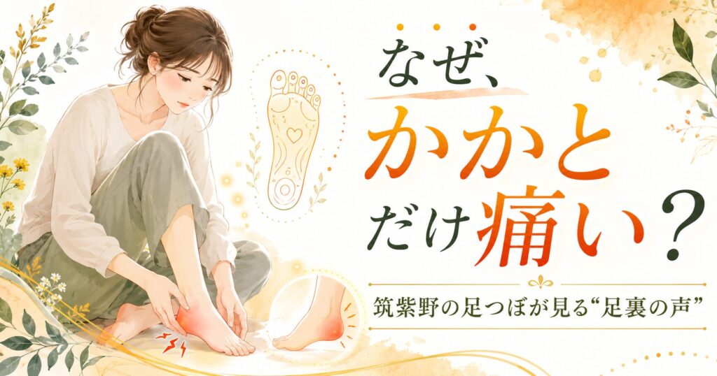 筑紫野で足つぼを受ける女性が、かかとの痛みや足裏の不調に悩む様子を描いたアイキャッチ画像