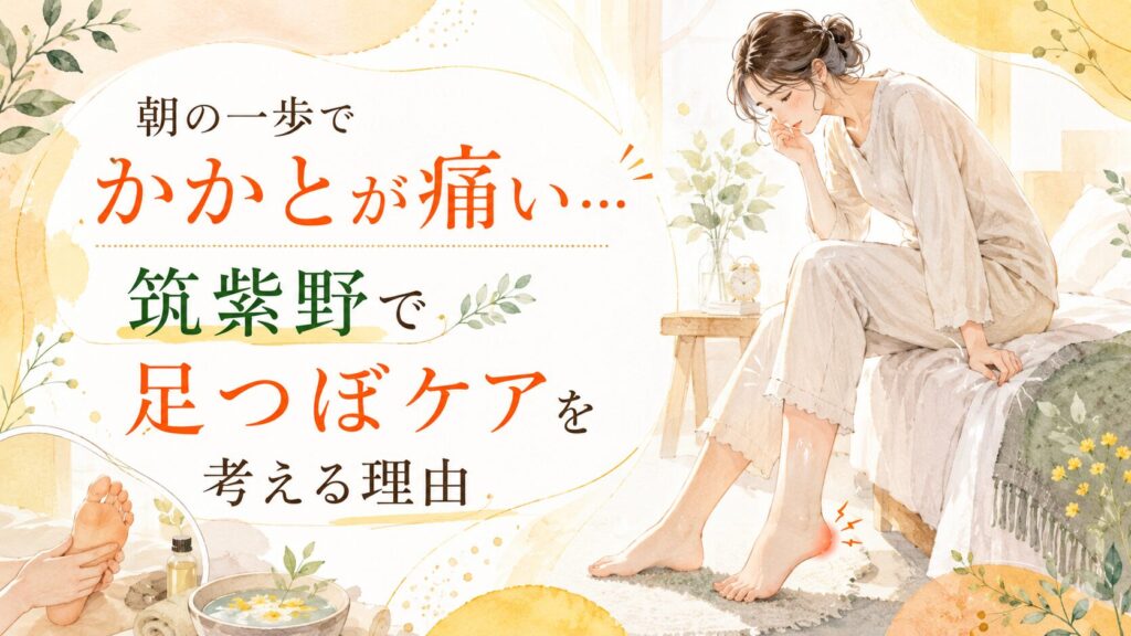 朝の一歩でかかとが痛い女性と、筑紫野で足つぼケアを考える理由を表現したアイキャッチ画像