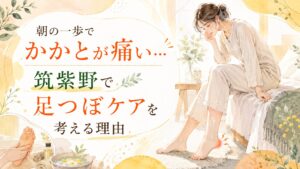 朝の一歩でかかとが痛い女性と、筑紫野で足つぼケアを考える理由を表現したアイキャッチ画像