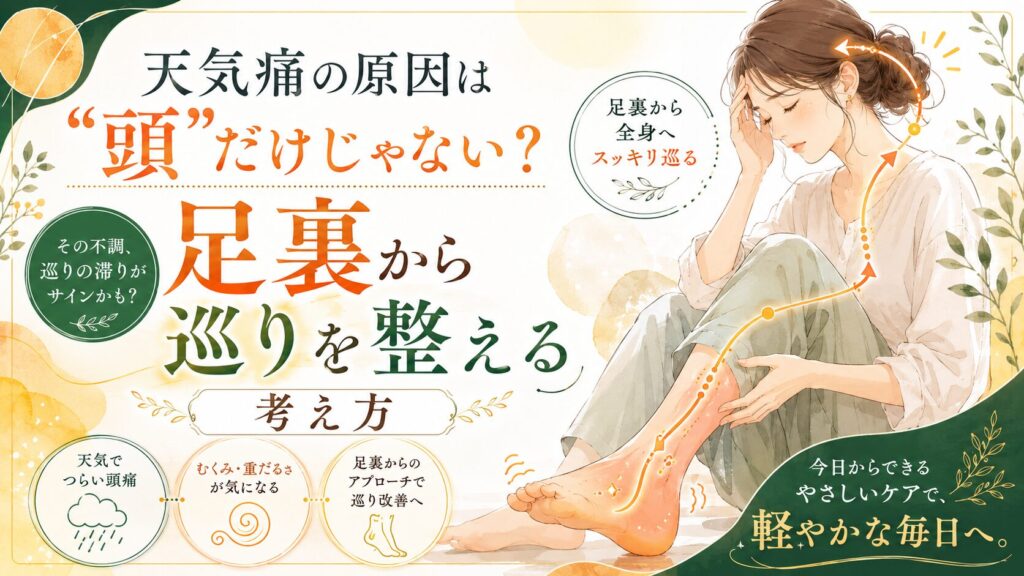 天気痛は頭だけでなく足裏の巡りも関係することを伝える、筑紫野の足つぼケアのアイキャッチ画像