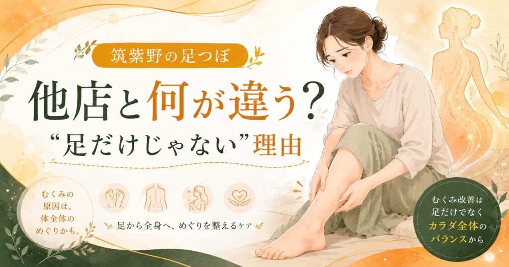筑紫野の足つぼが他店と違う理由を伝えるアイキャッチ画像。むくみに悩む女性と足から全身の巡りを整えるケアを表現。
