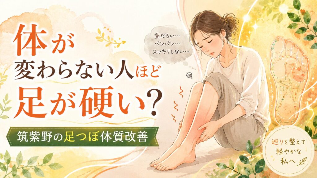 体が変わらない人ほど足が硬い?筑紫野の足つぼ体質改善をテーマに、むくみや足の重だるさに悩む女性と足裏ケアを表現したアイキャッチ画像