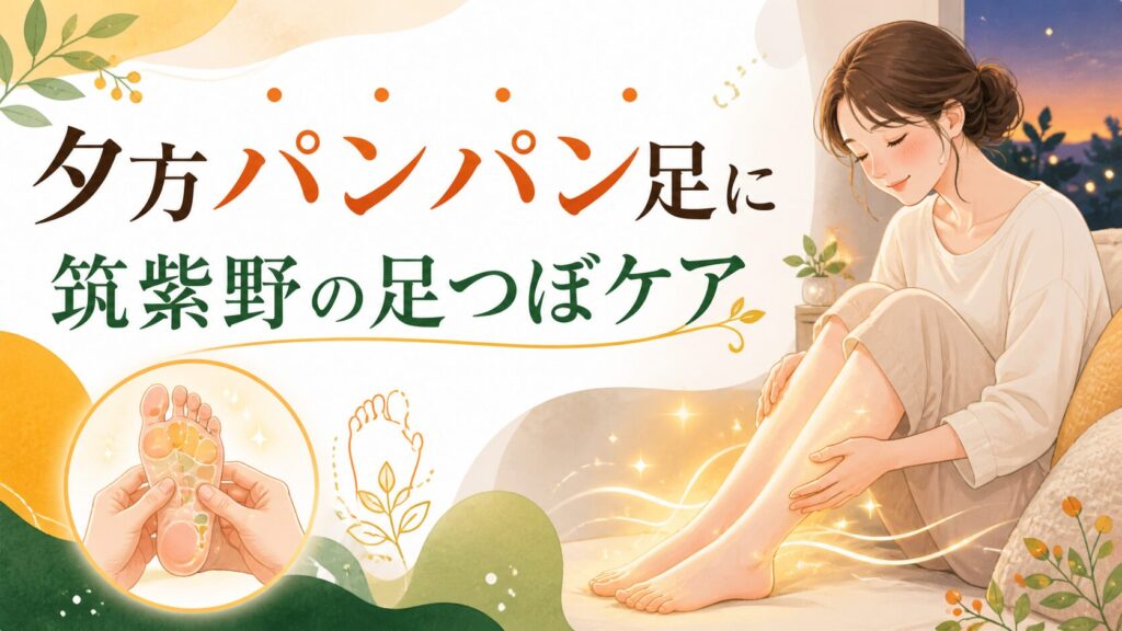 夕方に足がパンパンになるむくみの悩みに、筑紫野の足つぼケアで巡りを整えるイメージ画像