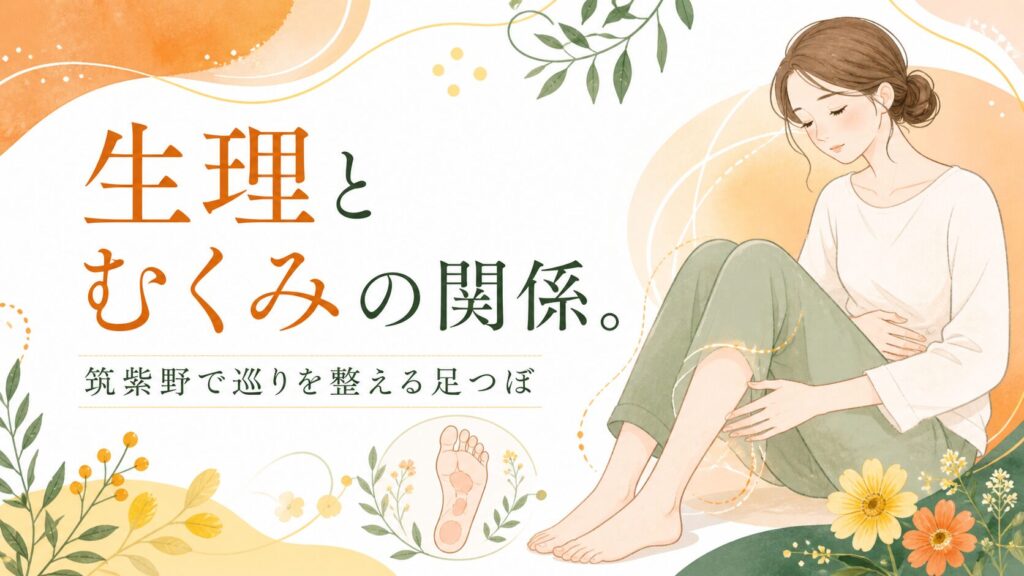 生理前や生理中のむくみに悩む女性と、筑紫野で巡りを整える足つぼをイメージした優しいイラスト