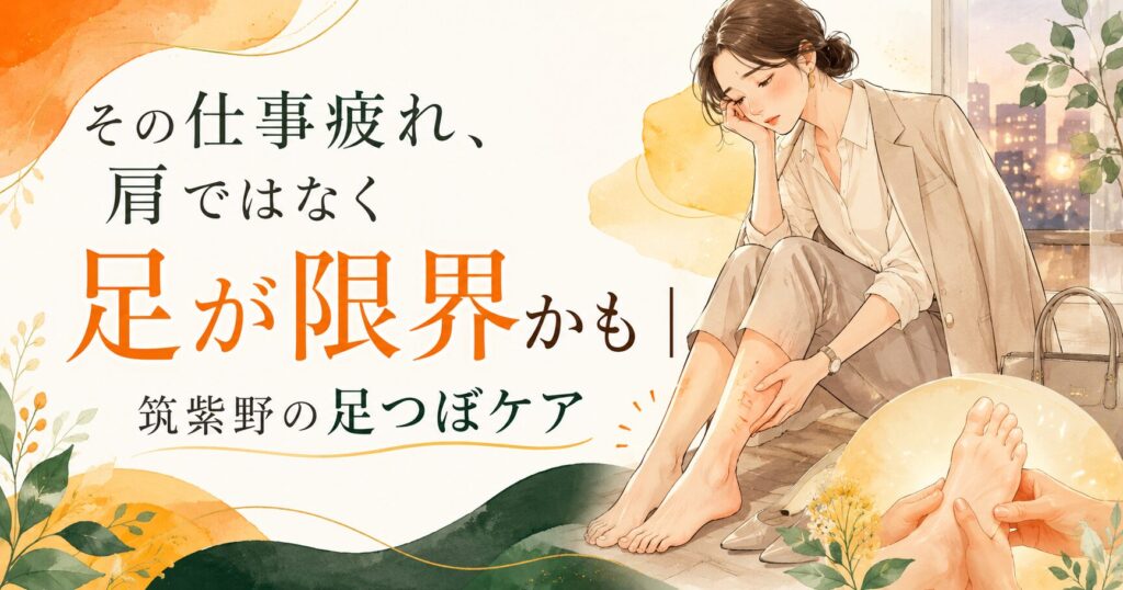 筑紫野で仕事疲れや足のむくみに悩む女性が足つぼケアを受けるイメージ画像