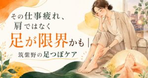 筑紫野で仕事疲れや足のむくみに悩む女性が足つぼケアを受けるイメージ画像