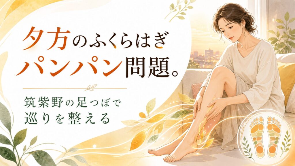 夕方にふくらはぎのむくみやパンパン感を感じる女性と、筑紫野の足つぼで巡りを整えるイメージイラスト