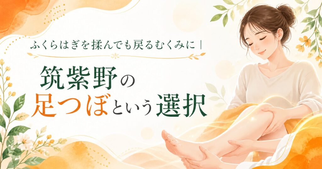 ふくらはぎのむくみに悩む女性が足つぼケアを受ける優しいイラスト。筑紫野でむくみ改善を目指す足つぼ施術のアイキャッチ画像