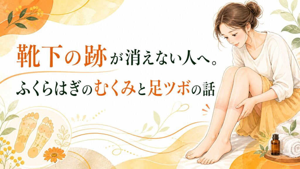 靴下の跡が消えないふくらはぎのむくみに悩む女性と、足ツボで巡りを整えるイメージ｜筑紫野の健楽足つぼ
