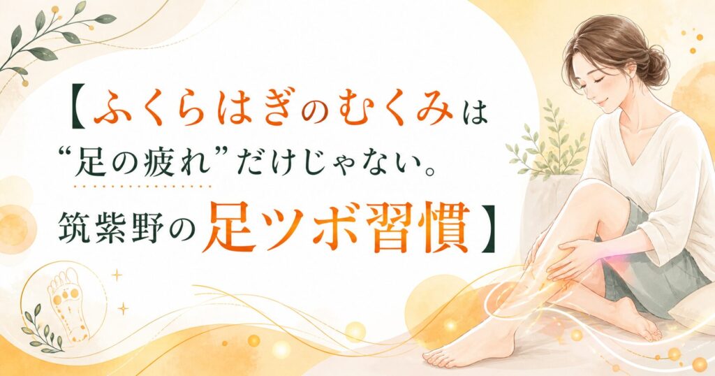 ふくらはぎのむくみに悩む女性が足元をケアするイラスト。筑紫野で足ツボ習慣を提案する健楽足つぼのアイキャッチ画像