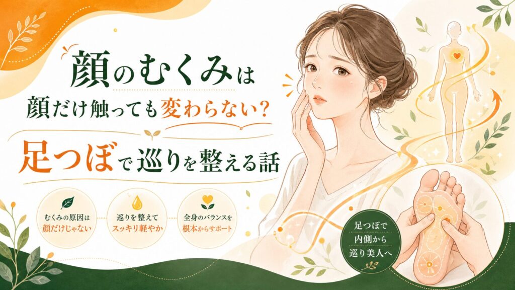 顔のむくみは顔だけでなく足つぼで巡りを整えることが大切と伝える筑紫野の健楽足つぼのアイキャッチ画像