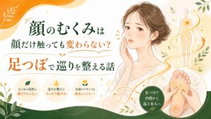顔のむくみは顔だけでなく足つぼで巡りを整えることが大切と伝える筑紫野の健楽足つぼのアイキャッチ画像