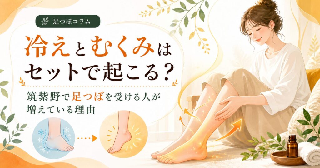 冷えとむくみの関係を足つぼ目線で解説する筑紫野の健楽足つぼコラム用アイキャッチ画像