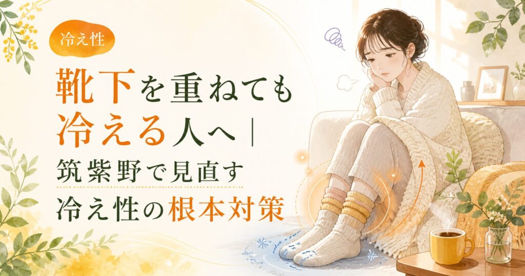 靴下を重ねても足が冷える女性に向けて、筑紫野で冷え性の根本対策を見直すことを伝える優しいイラスト