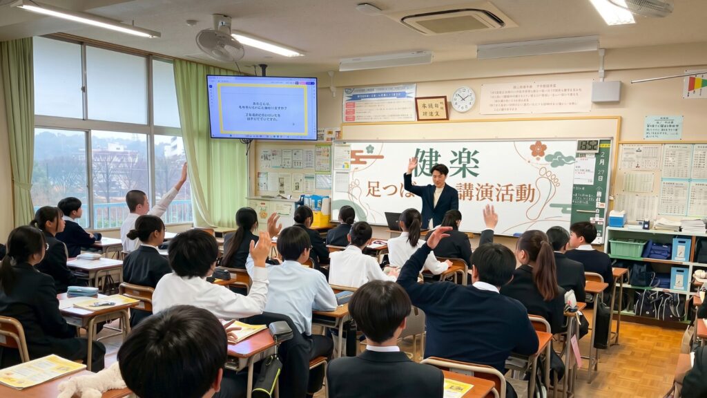 学校の教室で生徒に向けて講演を行う健楽足つぼの活動風景
