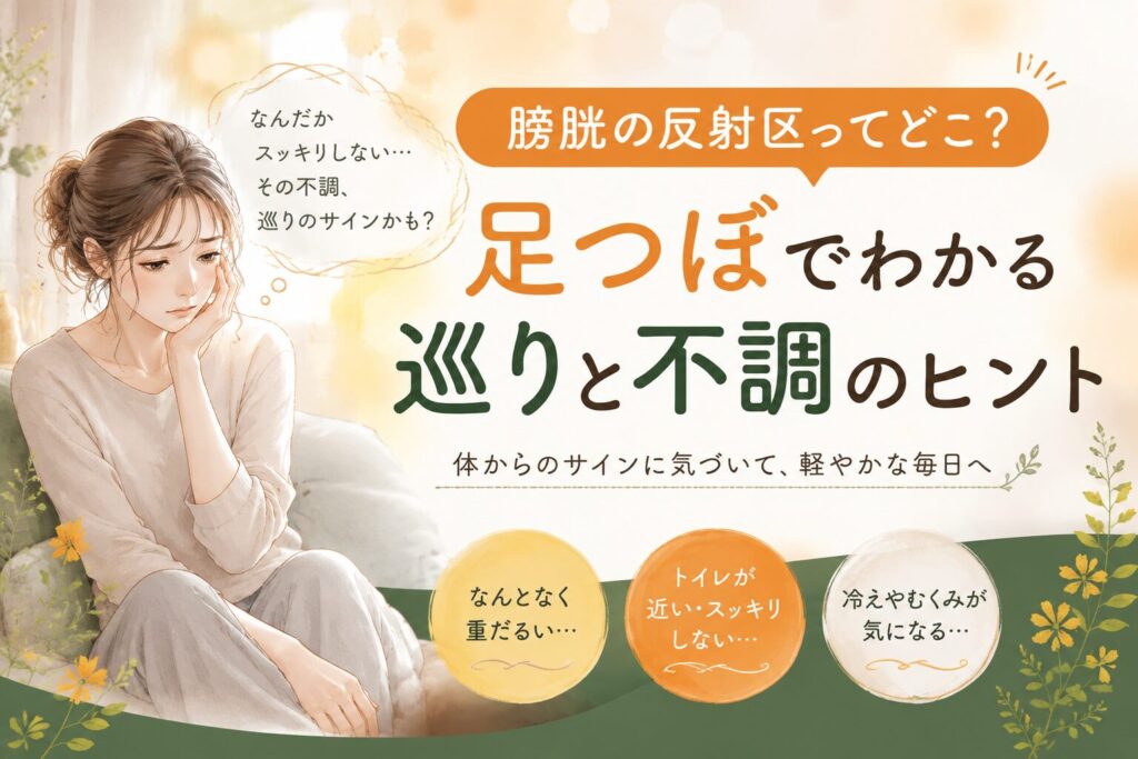 膀胱の反射区と足つぼの関係をテーマに、むくみ・冷え・トイレの悩み・巡りの不調に悩む女性をやさしいイラストで表現した筑紫野の健楽足つぼのアイキャッチ画像