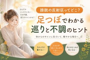 膀胱の反射区と足つぼの関係をテーマに、むくみ・冷え・トイレの悩み・巡りの不調に悩む女性をやさしいイラストで表現した筑紫野の健楽足つぼのアイキャッチ画像