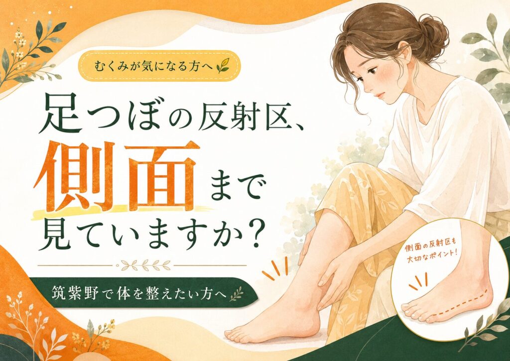 足つぼの反射区は側面まで見ることが大切と伝える、むくみに悩む女性向けの筑紫野の足つぼアイキャッチ画像