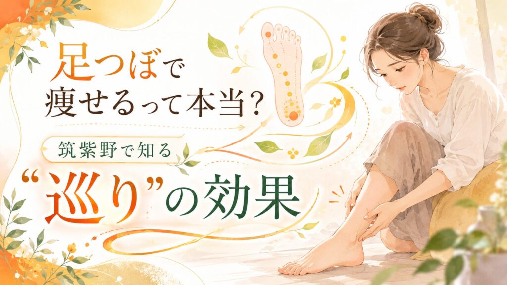 筑紫野で足つぼの効果と痩せる関係を知るためのアイキャッチ画像。むくみに悩む女性と足裏の巡りを表現した柔らかいイラスト。
