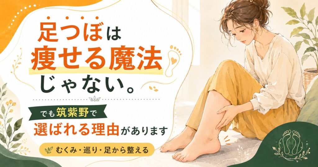 足つぼは痩せる魔法ではないが、むくみや巡りを足から整える効果が期待できる筑紫野の足つぼ紹介画像