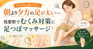 筑紫野でむくみに悩む女性が、夕方の足の重だるさや足の太さを気にして足つぼマッサージによるむくみ対策を検討しているアイキャッチ画像