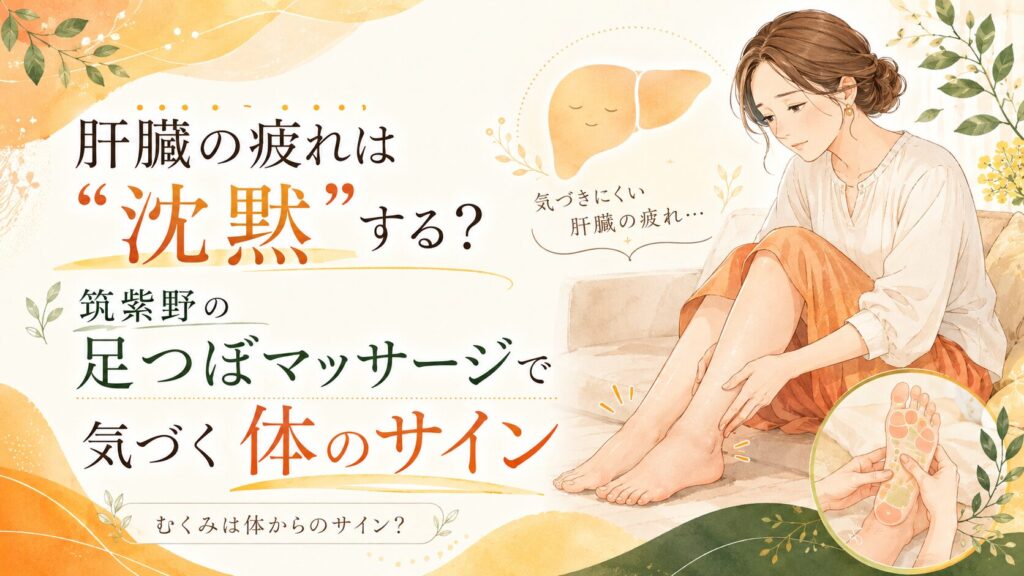 肝臓の疲れやむくみに悩む女性が、筑紫野の足つぼマッサージで体のサインに気づくイメージ画像