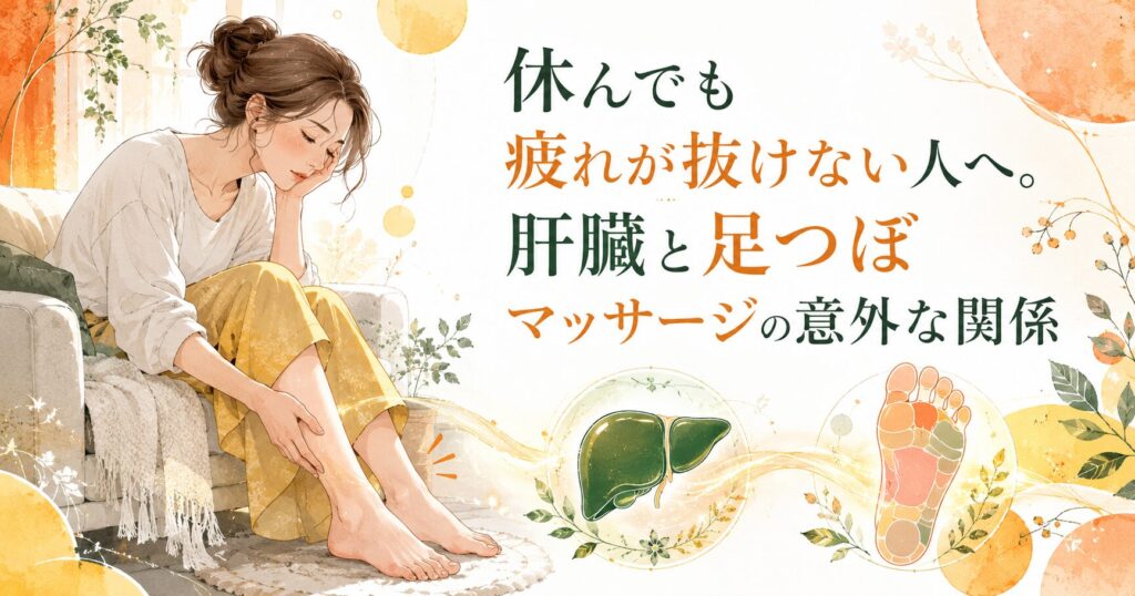 休んでも疲れが抜けない女性が足のむくみに悩む様子と、肝臓・足裏反射区を描いた筑紫野の足つぼマッサージ記事のアイキャッチ画像