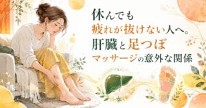 休んでも疲れが抜けない女性が足のむくみに悩む様子と、肝臓・足裏反射区を描いた筑紫野の足つぼマッサージ記事のアイキャッチ画像