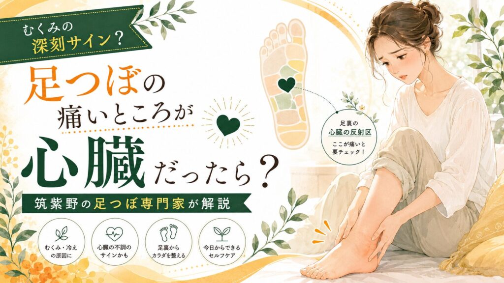 足つぼの痛いところが心臓の反射区だった場合のサインを、筑紫野の足つぼ専門家が解説するアイキャッチ画像。むくみや冷えなど足からわかる体の不調をやさしく伝えるイラスト。