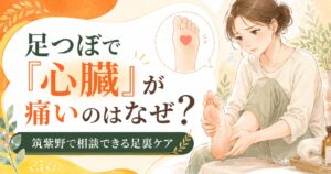 足つぼで心臓の反射区が痛い理由を示す女性向けイラスト。むくみや足裏の違和感を感じる人に、筑紫野で相談できる足裏ケアを紹介。