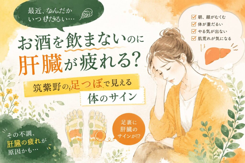 お酒を飲まないのに肝臓が疲れる体のサインを、筑紫野の足つぼで足裏から見つめる女性向けアイキャッチ画像