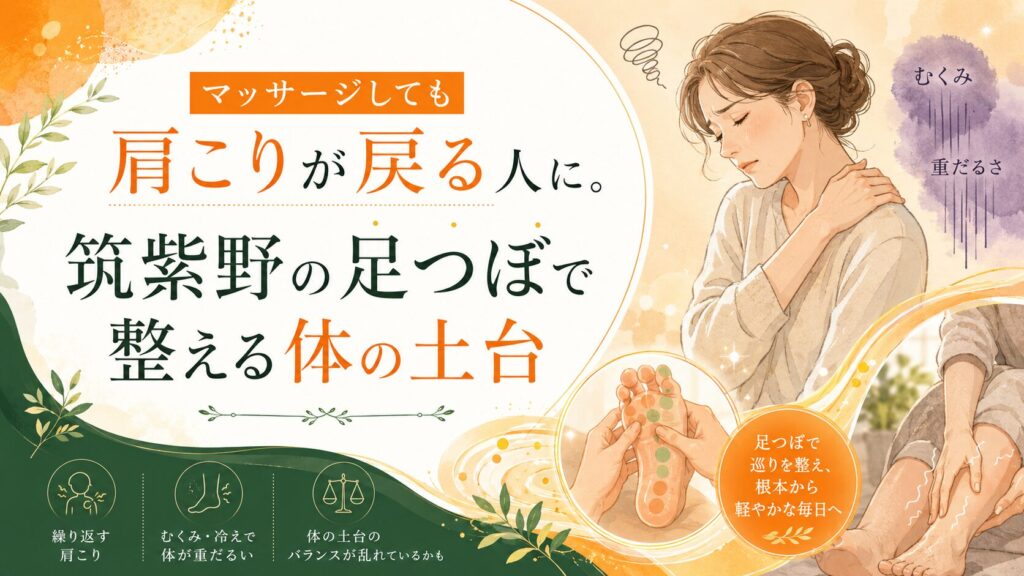マッサージしても戻る肩こりに悩む女性と、筑紫野の足つぼで体の土台から整えるイメージ画像