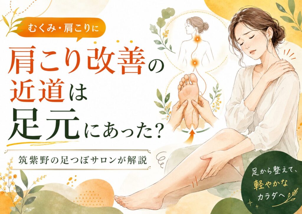 足つぼ 肩こり 効果 筑紫野|肩こり改善の近道は足元にあった?むくみと肩こりの関係を解説する健楽足つぼのアイキャッチ画像