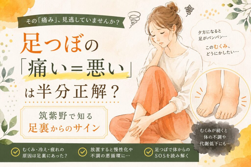 足つぼの痛いところが悪いとは限らない理由を、筑紫野の健楽足つぼが足裏のサインやむくみの不調とあわせて解説するアイキャッチ画像
