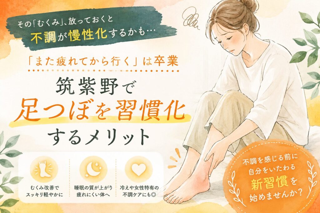 筑紫野で足つぼを習慣化し、疲れやむくみをため込む前にケアする大切さを伝える女性向けアイキャッチ画像