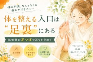 筑紫野で足つぼを通して足裏から体を整えるイメージの優しい女性向けアイキャッチ画像