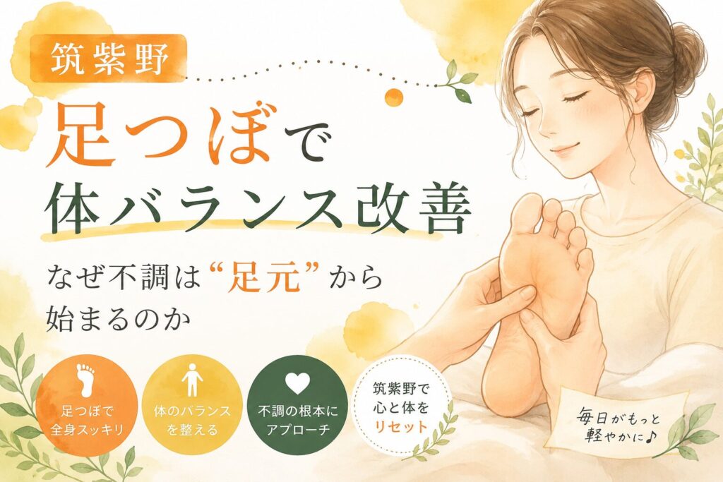 筑紫野の足つぼで体バランス改善をイメージした、女性が足裏ケアを受けている優しいイラスト