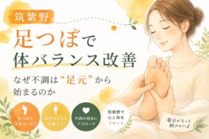 筑紫野の足つぼで体バランス改善をイメージした、女性が足裏ケアを受けている優しいイラスト