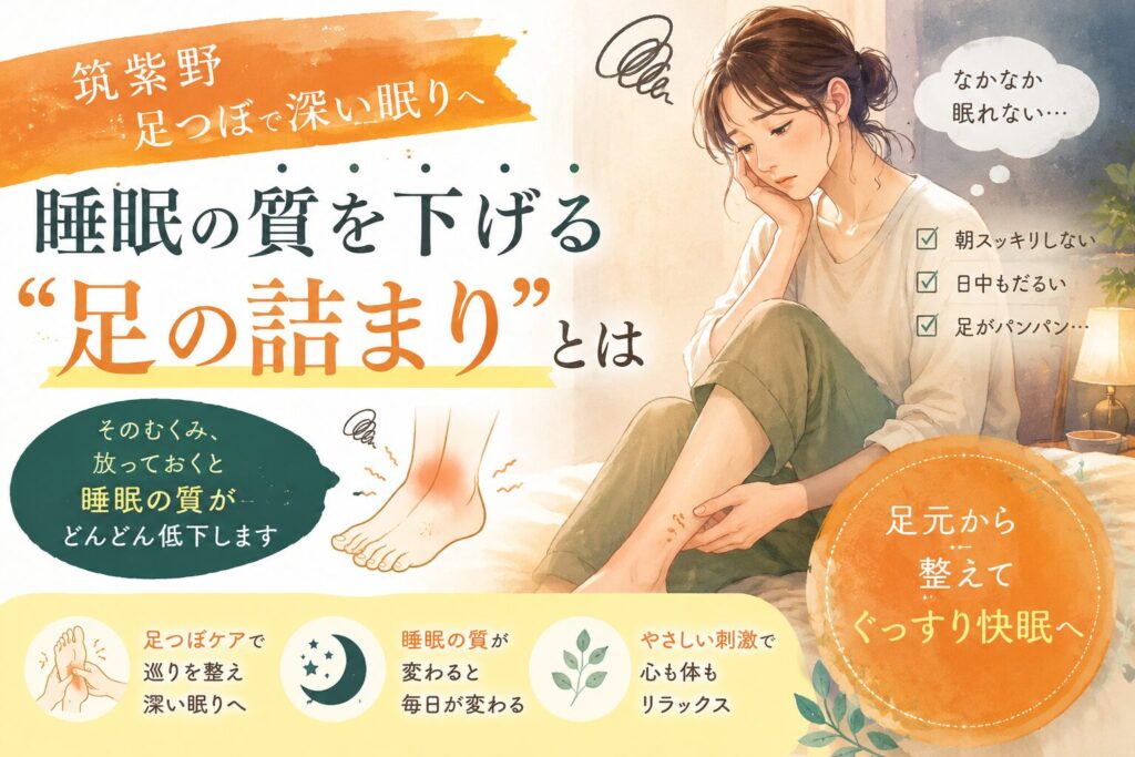 筑紫野の足つぼで深い眠りを目指す女性向けアイキャッチ。むくみや足の詰まりが睡眠の質を下げることをやさしく伝えるイラスト