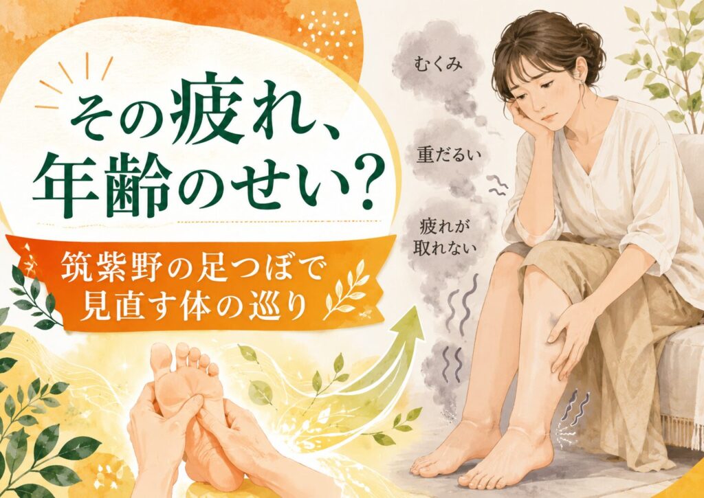 むくみや重だるさで疲れが取れない女性に、筑紫野の足つぼで体の巡りを見直すことを伝える優しいイラスト