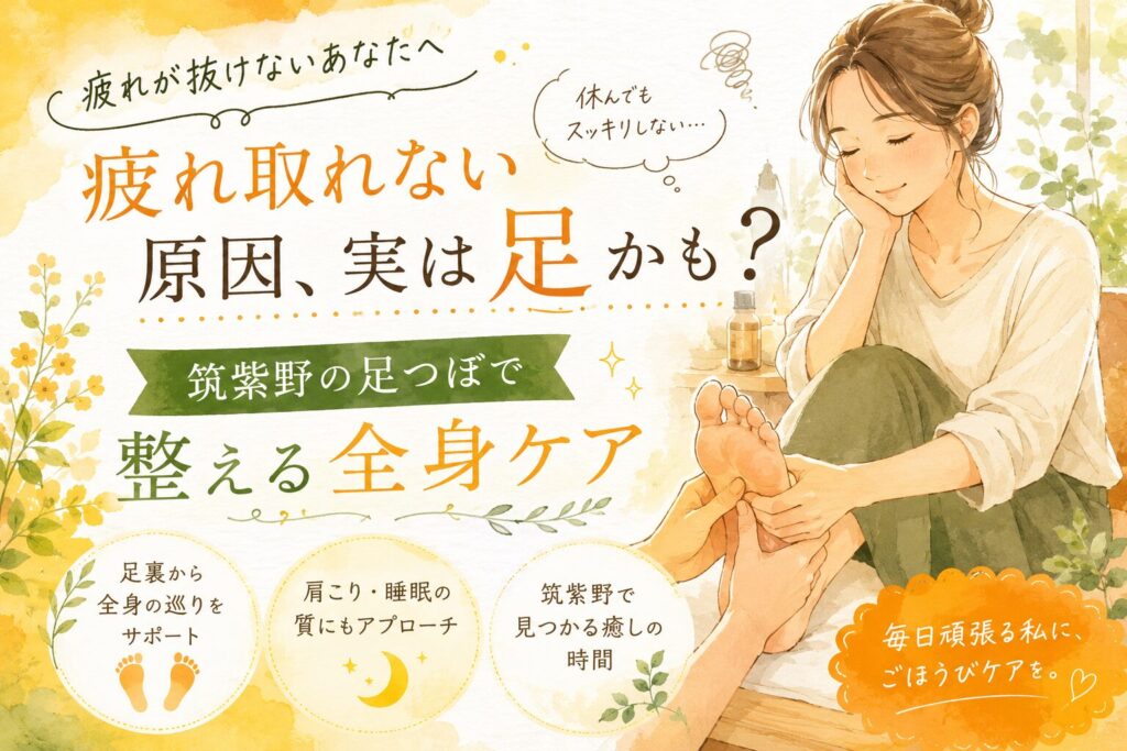 疲れが取れない原因に悩む女性へ、筑紫野の足つぼで全身の巡りを整えるケアを表現した優しいイラスト