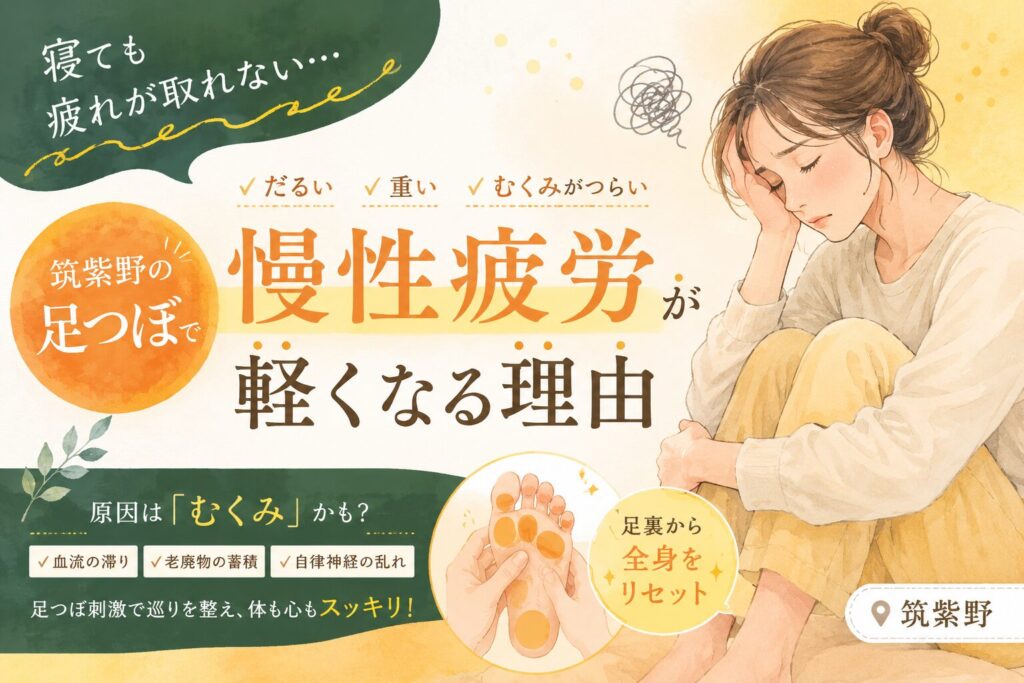 筑紫野の足つぼで慢性疲労や寝ても取れない疲れ、むくみに悩む女性をやさしくケアするイメージ画像